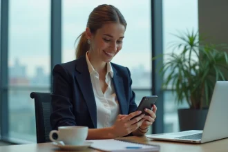 Femme professionnelle utilisant son smartphone au bureau