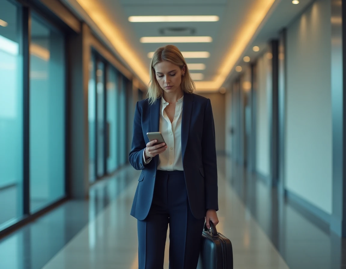 Femme cadre dans un couloir d'entreprise consultant son téléphone avec une expression préoccupée, symbolisant la pression subie après une réembauche