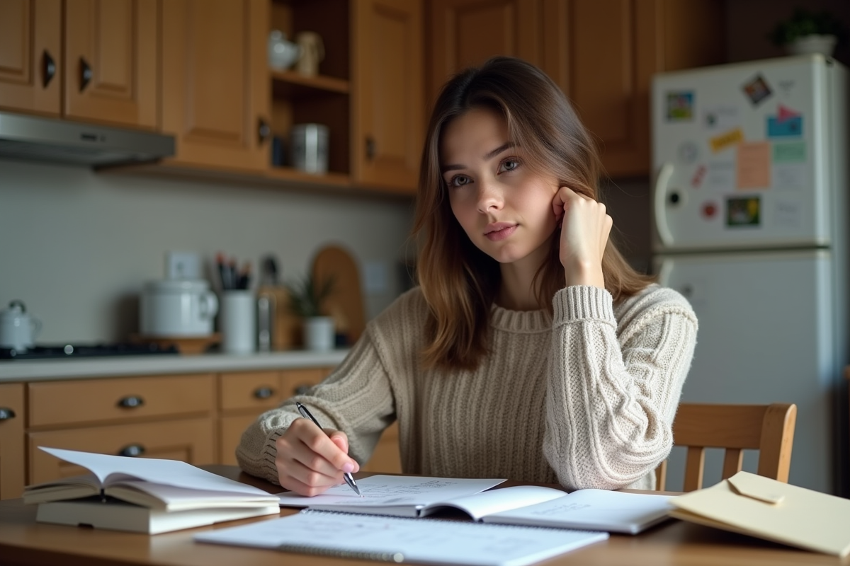 Jeune femme réfléchissant à ses tâches dans sa cuisine
