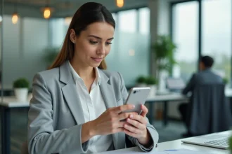 Femme professionnelle consultant ses documents RH sur smartphone dans un bureau moderne