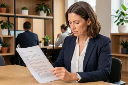 Femme professionnelle en blazer marine annotant un contrat de travail dans un bureau moderne, illustrant la vérification des jours ouvrés et ouvrables