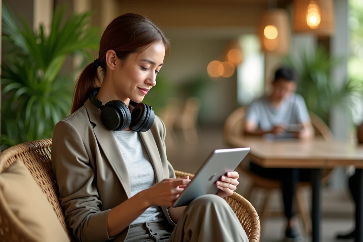 Femme en t&eacute;l&eacute;travail dans un espace de coworking tropical en Asie du Sud-Est, assise sur un canap&eacute; en rotin avec une tablette, ambiance nomade professionnelle