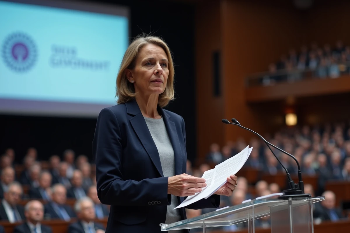 Femme dirigeante prenant la parole à un podium lors d'une assemblée d'actionnaires d'un grand groupe automobile, illustrant la gouvernance et le rôle des cadres supérieurs chez Stellantis