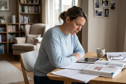 Femme concentrée sur ses notes médicales à la maison