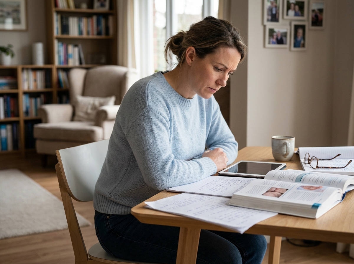Femme concentrée sur ses notes médicales à la maison