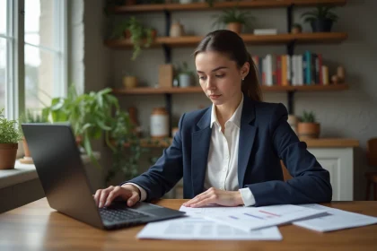 Jeune femme en blazer bleu examine documents financiers &agrave; la maison