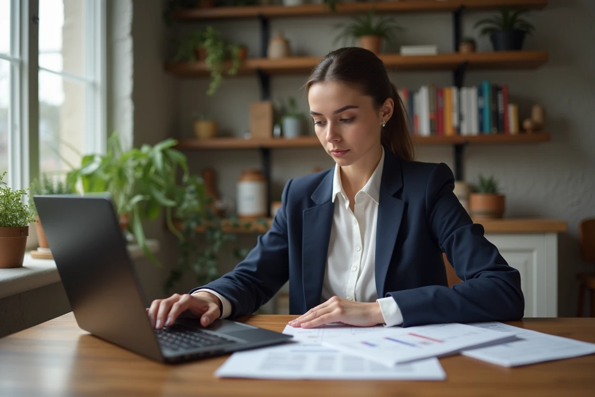 Jeune femme en blazer bleu examine documents financiers à la maison