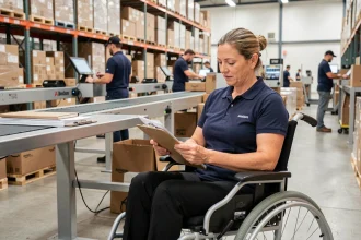 Femme en fauteuil roulant travaillant dans un entrepôt Amazon, consultant des documents à son poste de travail adapté