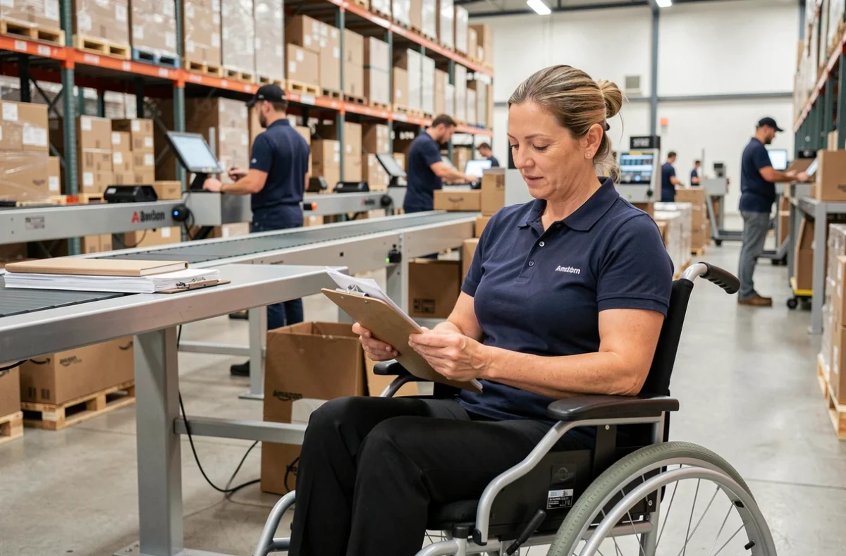 Femme en fauteuil roulant travaillant dans un entrepôt Amazon, consultant des documents à son poste de travail adapté