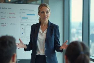 Femme leader en blazer marine animant une réunion stratégique autour d'une table de conférence moderne avec une équipe attentive