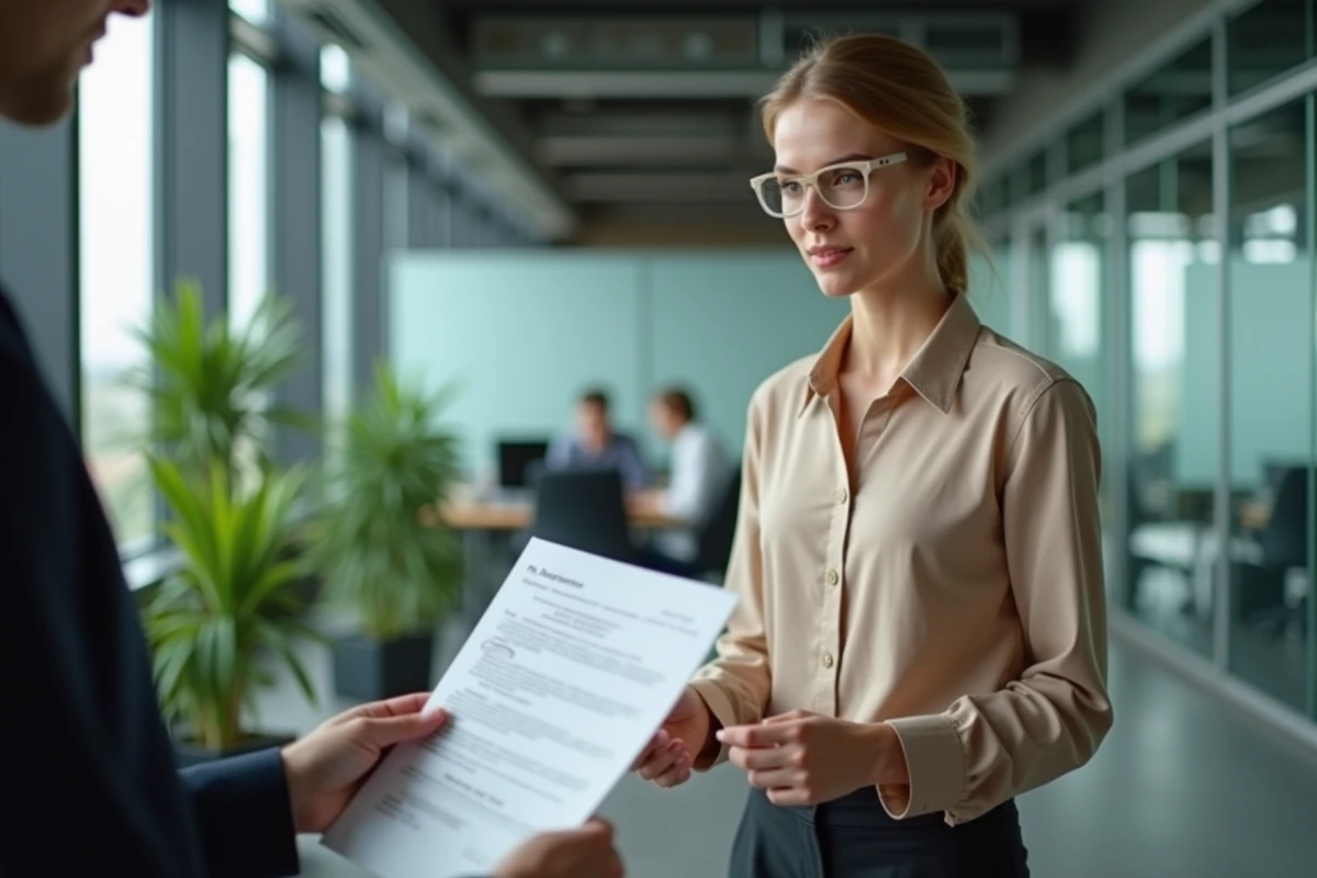 Jeune femme professionnelle remet un document dans un bureau moderne