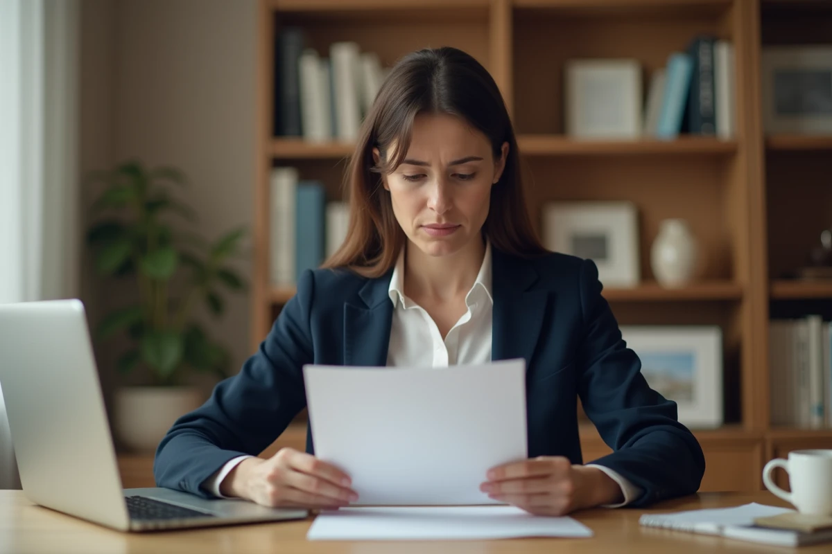 Femme lisant une lettre de licenciement à son bureau à domicile avec une expression préoccupée