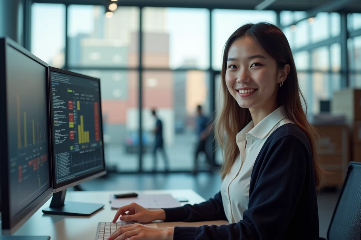 Jeune femme souriante surveille les containers en bureau