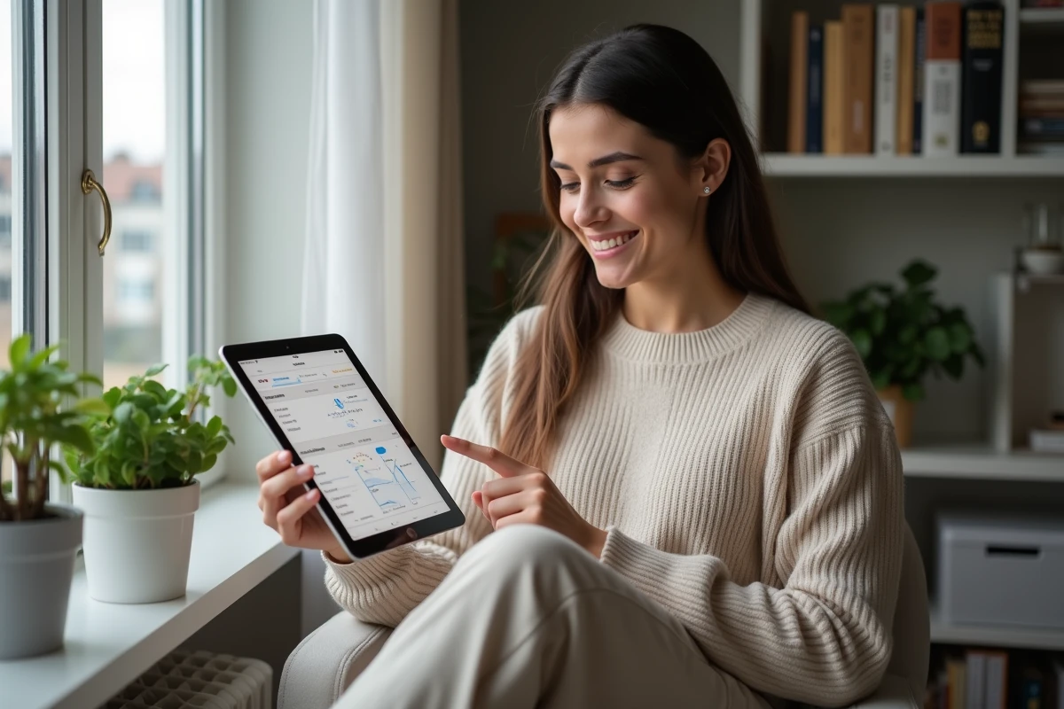 Jeune femme regardant un tableau de points sur sa tablette
