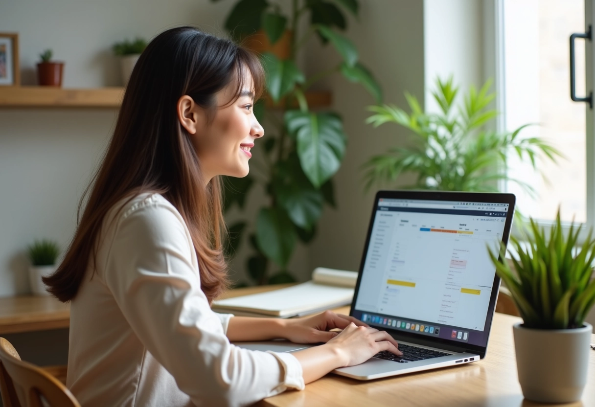 Jeune femme au domicile vérifiant son emploi du temps