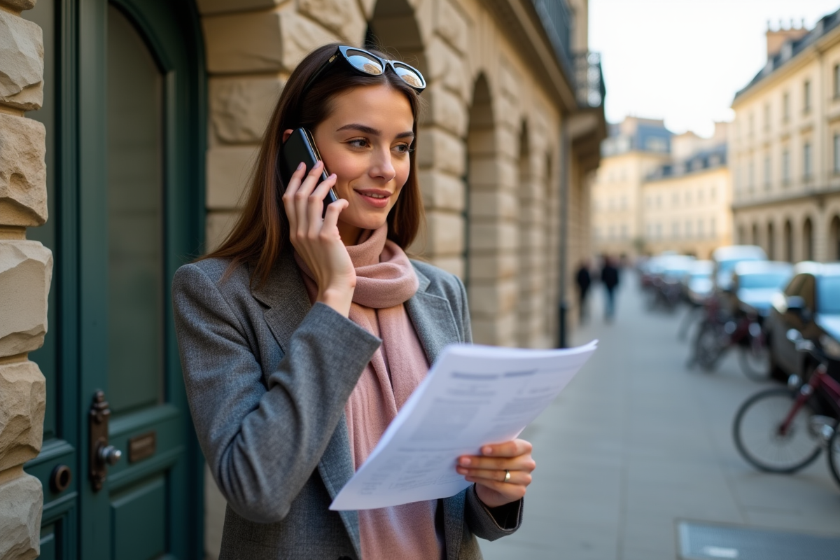 Jeune femme française parlant au téléphone dans la rue
