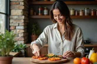 Femme arrangeant un plateau de fruits secs dans une cuisine chaleureuse