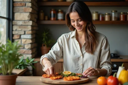 Femme arrangeant un plateau de fruits secs dans une cuisine chaleureuse