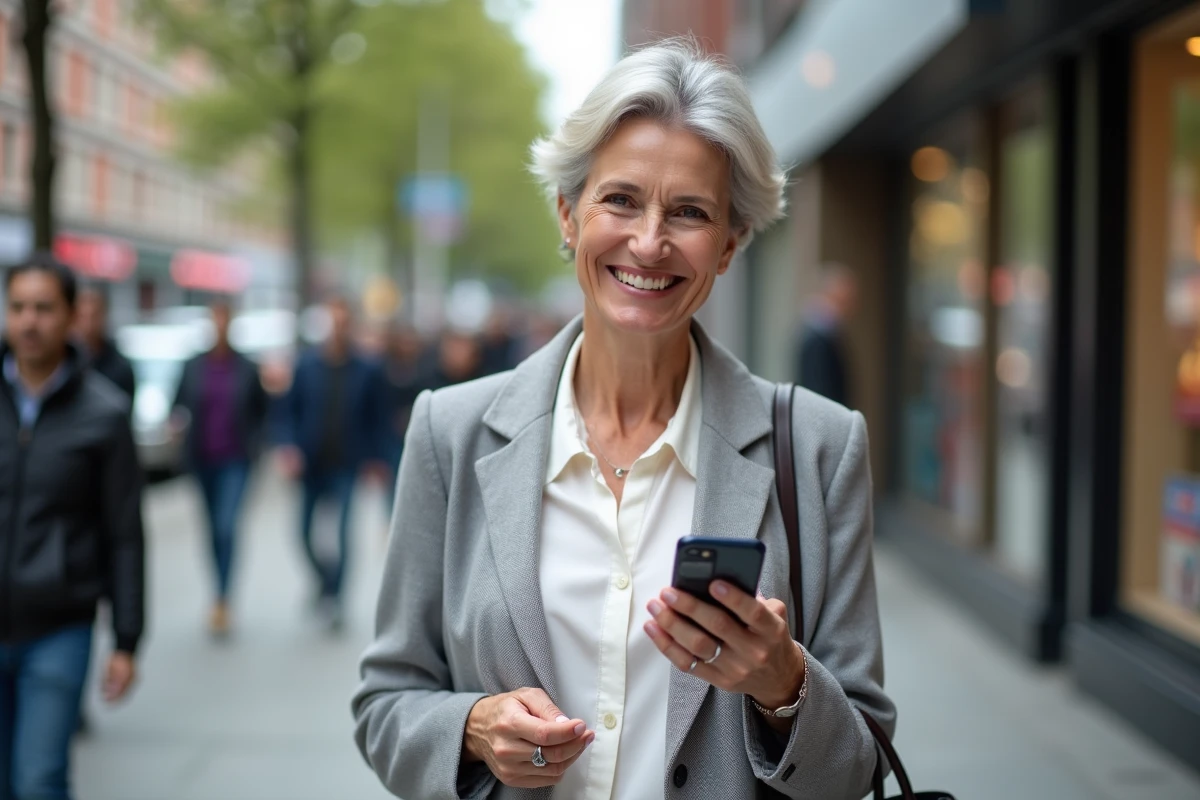 Femme utilisant le portail FDJ sur smartphone dans une rue commerçante animée