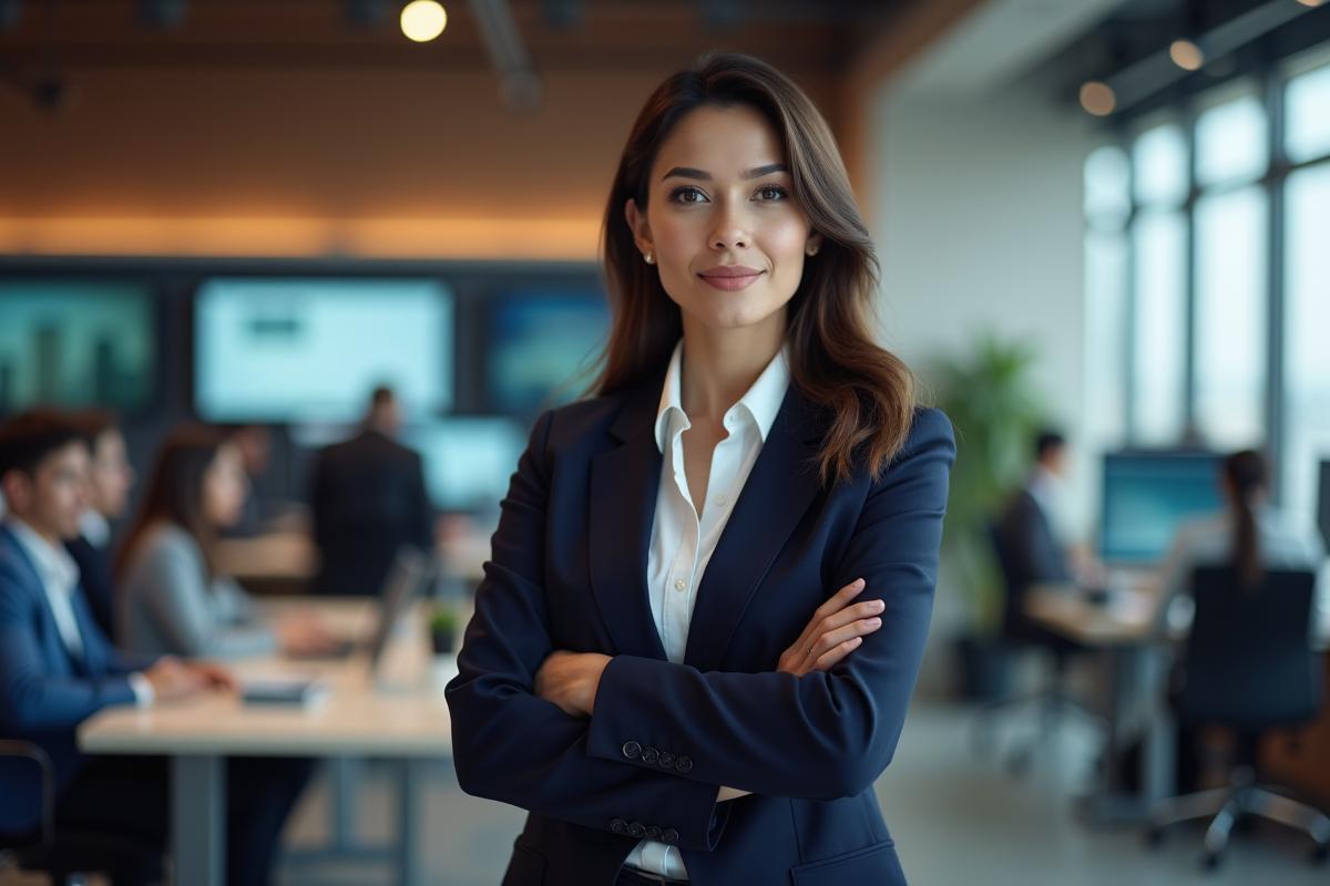 Femme en blazer navy dans un bureau dynamique