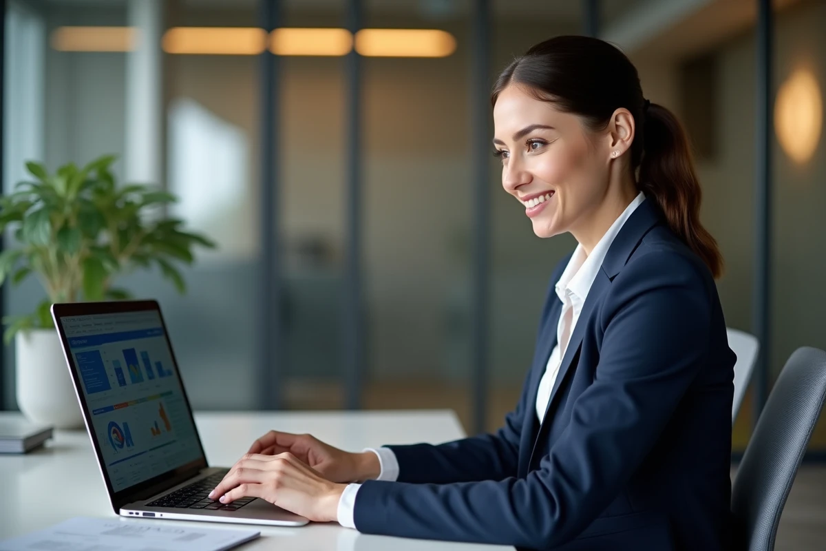 Femme professionnelle analysant un tableau de bord CRM pour convertir des contacts B2B en clients fidèles