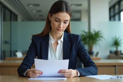 Femme en blazer examinant un document au bureau