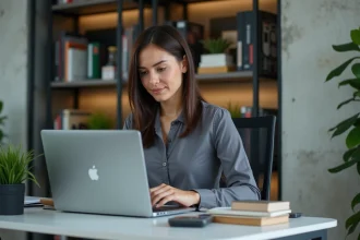 Femme d'affaires concentrée travaillant sur un ordinateur dans un bureau parisien