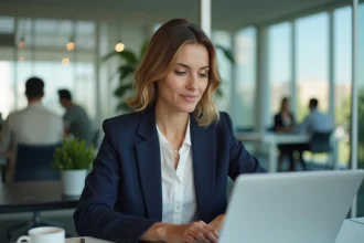 Femme professionnelle en blazer marine rédigeant un message de prise de contact sur LinkedIn depuis son bureau en espace de coworking