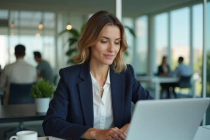 Femme professionnelle en blazer marine rédigeant un message de prise de contact sur LinkedIn depuis son bureau en espace de coworking