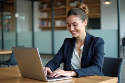 Femme professionnelle rédigeant une publication LinkedIn avec mise en forme en gras sur son ordinateur portable dans un espace de coworking moderne