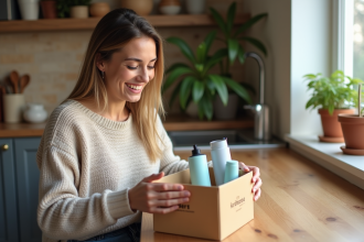 Femme souriante recevant des produits promotionnels à la maison