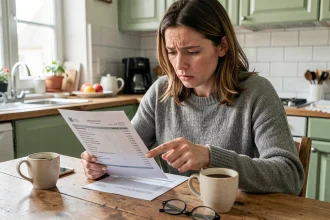 Femme consultant un relevé bancaire avec un débit récurrent imprimerie nationale marqué d'un doigt
