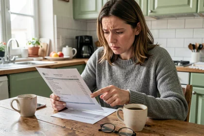 Femme consultant un relevé bancaire avec un débit récurrent imprimerie nationale marqué d'un doigt