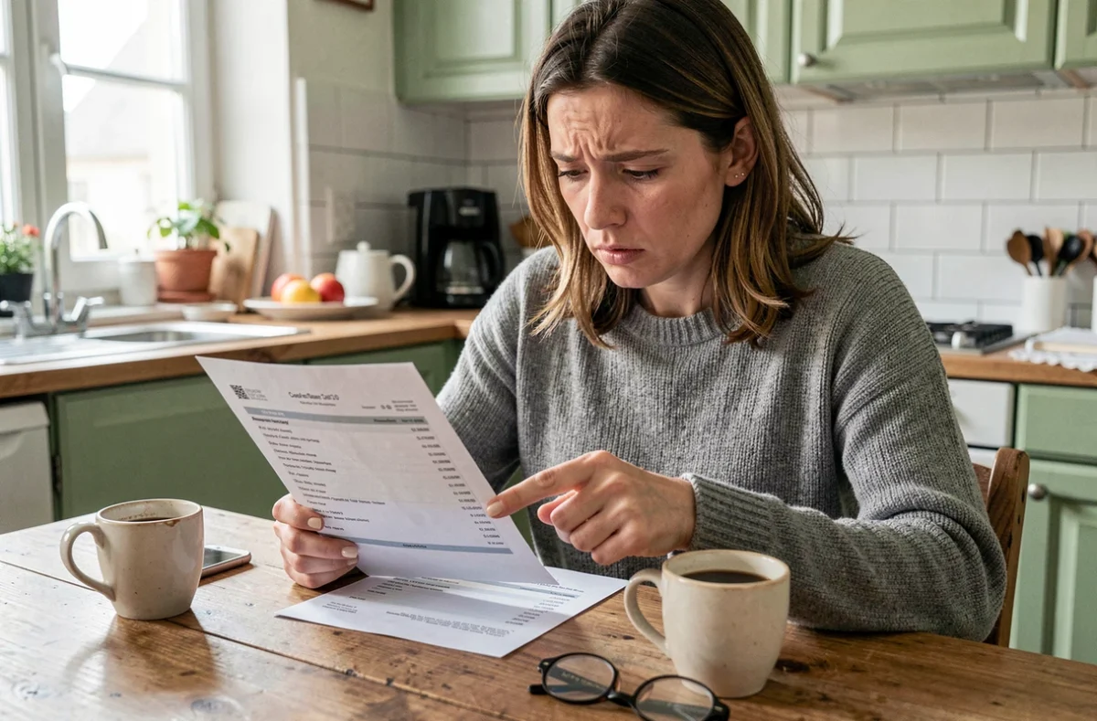 Femme consultant un relevé bancaire avec un débit récurrent imprimerie nationale marqué d'un doigt