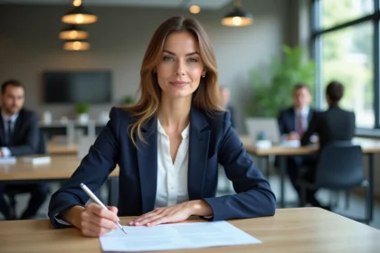Femme professionnelle signant une lettre de démission pendant sa période d'essai dans un bureau moderne