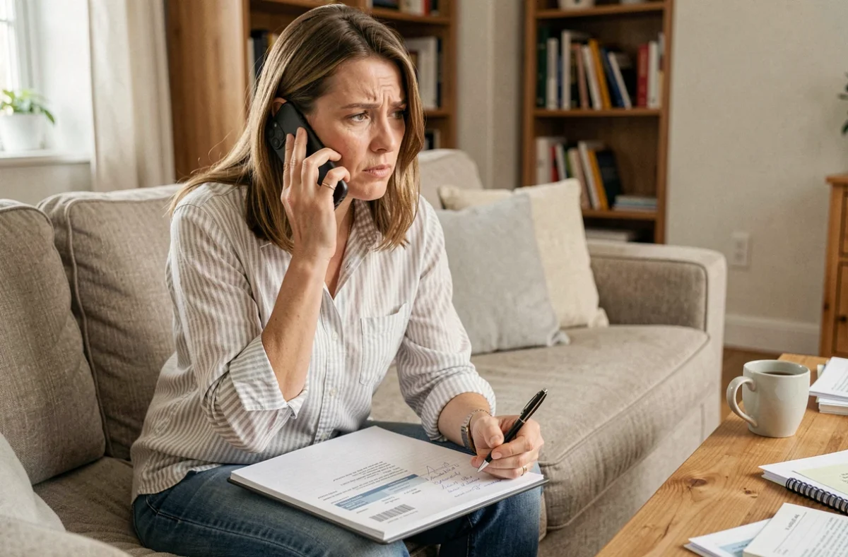 Femme au téléphone avec sa banque pour contester et stopper un prélèvement récurrent imprimerie nationale