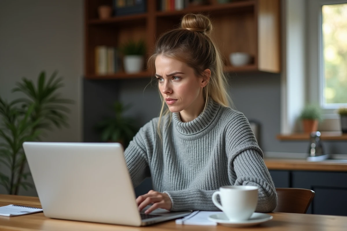 Femme en télétravail sur ordinateur portable dans une cuisine, illustrant le travail à domicile sans diplôme