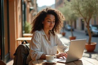 Femme en télétravail sur une terrasse méditerranéenne avec un ordinateur portable et un café, illustrant le travail nomade à l'étranger