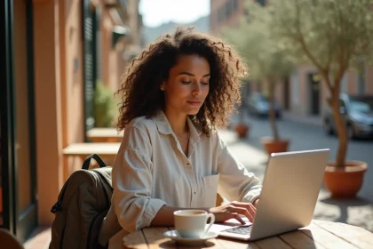 Femme en télétravail sur une terrasse méditerranéenne avec un ordinateur portable et un café, illustrant le travail nomade à l'étranger