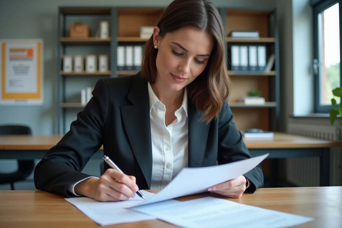 Femme en bureau examinant des documents et remplissant un contrat