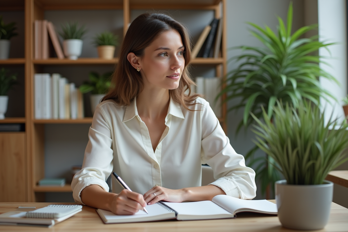 Jeune femme concentr&eacute;e &agrave; son espace de coworking