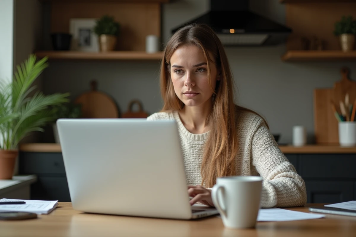 Jeune femme au travail à la maison devant son ordinateur