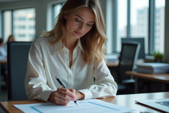Femme en blouse professionnelle réfléchissant à un formulaire de demande de vacances