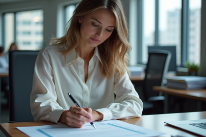 Femme en blouse professionnelle réfléchissant à un formulaire de demande de vacances