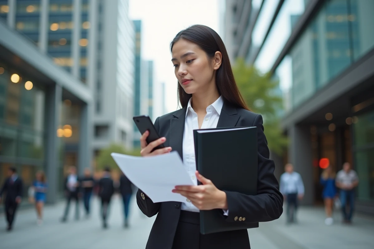 Jeune femme urbaine tenant un dossier et smartphone