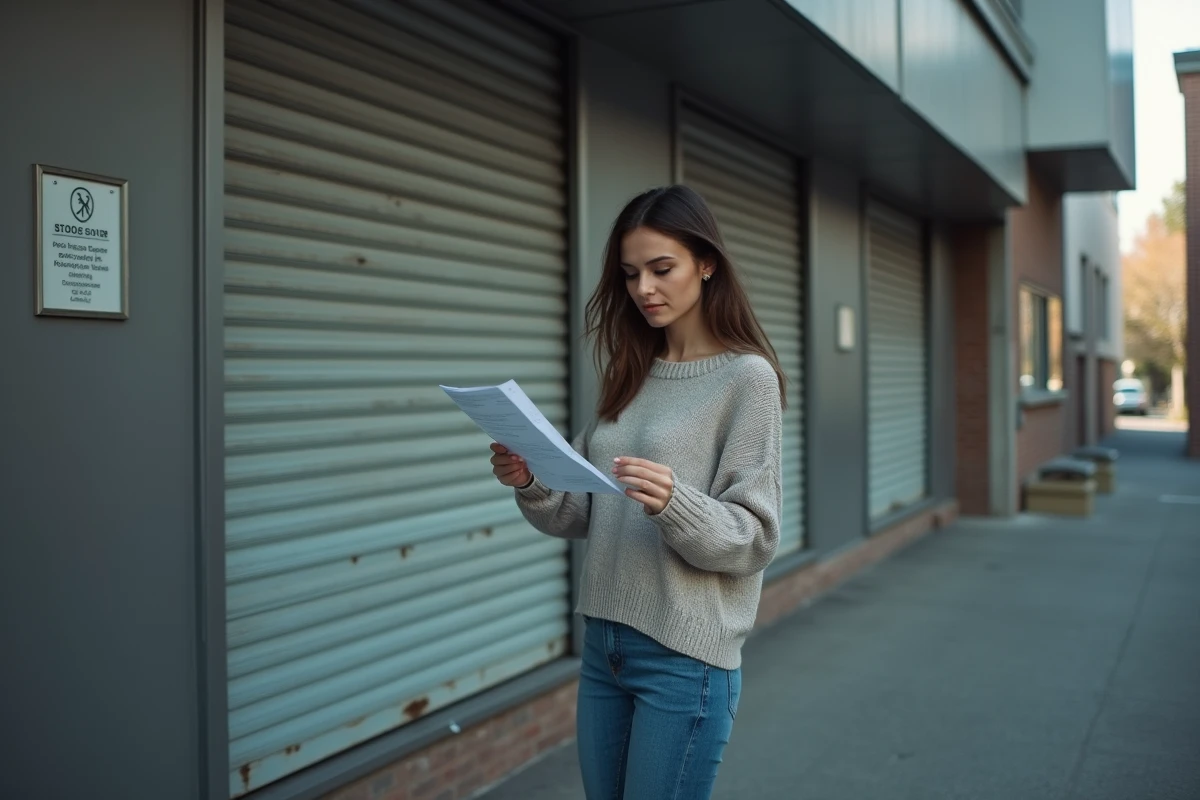 Jeune femme regardant une feuille devant un b&acirc;timent d