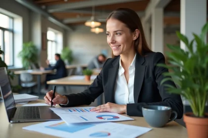 Entrepreneur femme analysant un dossier de financement de startup sur un bureau de co-working moderne