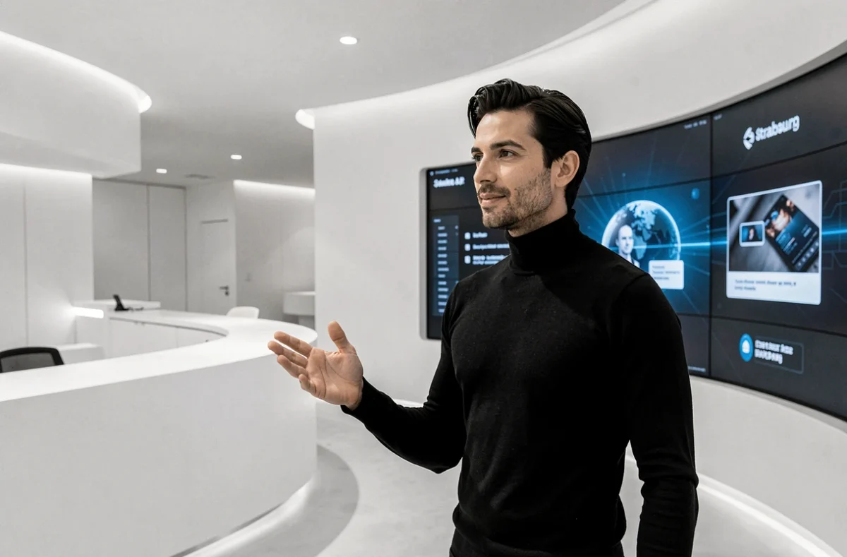 Directeur créatif de Futur Digital présentant une expérience de marque immersive dans un espace d'agence futuriste à Strasbourg