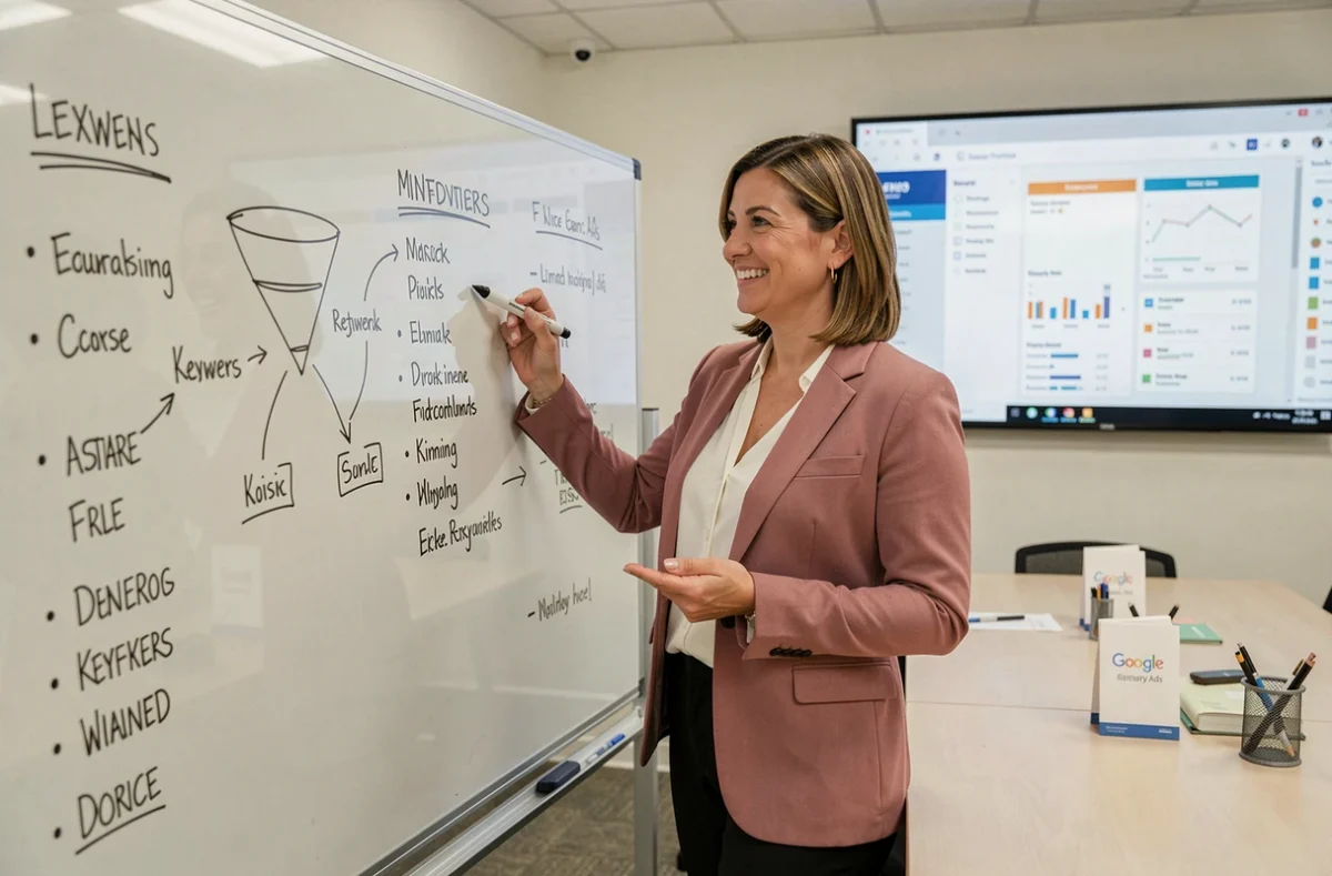 Stratège en communication de l'agence FX Com'Unik présentant une stratégie Google Ads sur un tableau de verre