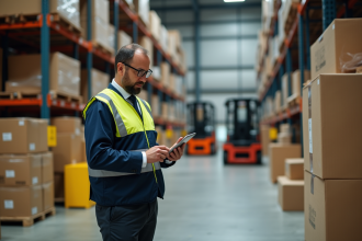 Manager logistique en entrepôt avec tablette et palettes
